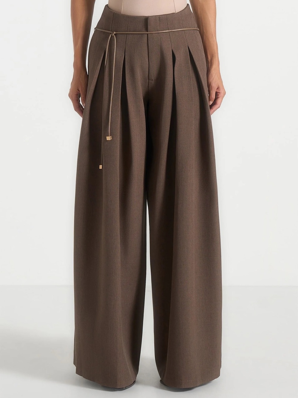 Maniere De Voir Tan Wide Leg Pants with Wrap Belt